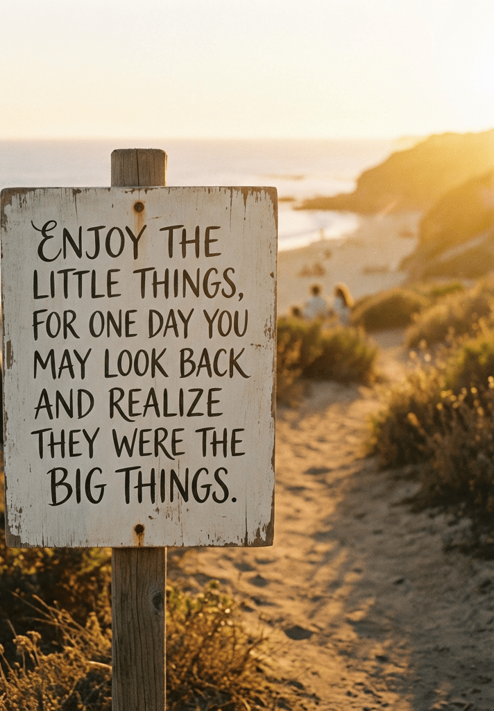 Wooden sign reading: ENJOY THE LITTLE THINGS, FOR ONE DAY YOU MAY LOOK BACK AND REALIZE THEY WERE THE BIG THINGS.