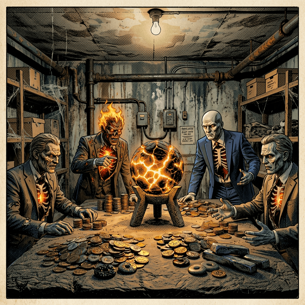 Silhouette of a giant human figure holding a glowing cracked orb with molten light on a rocky mountain path at sunset